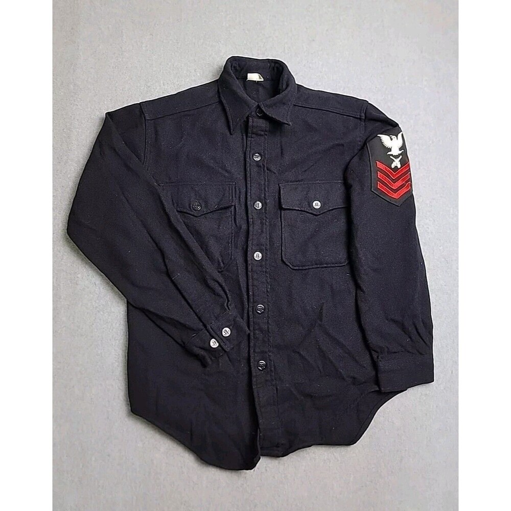 VTG Martin Mfg Wool Shirt Navy Blue Military 14.5x32 Anchor Buttons Patch CPO